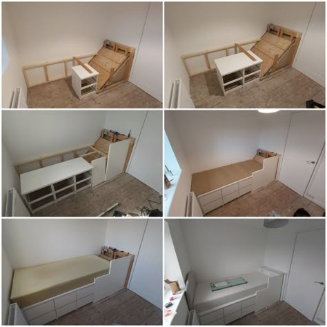 Box bedroom ikea bed idea Desk Over Stair Bulkhead, Beds Over Stair Boxes, Box Room Double Bed Ideas, Box Room Bed, Stairs Bedroom Ideas, Bed Built Over Stair Bulkhead, Box Bedroom Ideas Kid Rooms, Bed Over Bulkhead, Cabin Bed Over Stairs Bulkhead