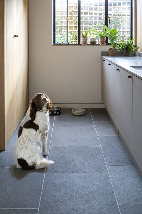 Contemporary Cheltenham Home | Mandarin Stone Stone Kitchen Flooring, Stone Kitchen Floor, Slate Floor Kitchen, Slate Floor, Limestone Tiles, Slate Tile Floor, Travertine Tiles, Mandarin Stone, Grey Floor Tiles