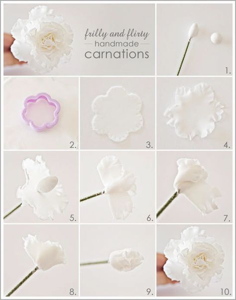 DIY Tutorial: Frilly Handmade Gumpaste Carnations, from Miso Bakes, flowers, cake decorating Sugar Paste Flowers, Sugar Flowers Tutorial, Fondant Flower Tutorial, Icing Flowers, Gum Paste Flowers, Fondant Tutorial, Fondant Decorations, Fondant Flowers, Fondant Toppers