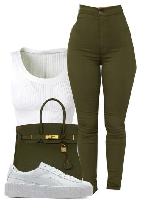 Olive Green Clothing, Olive Green And Brown Outfit, Green Leggings Outfit, Teenage Outfits, Swag Outfits For Girls, Classy Casual Outfits, Cute Comfy Outfits, Cute Swag Outfits, Baddie Outfits Casual