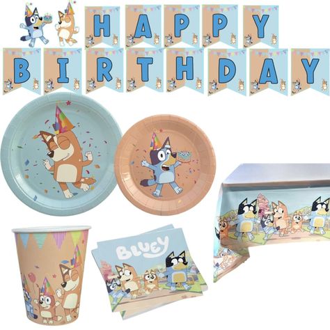 PRICES MAY VARY. WHAT YOU GET: you will receive 16 Dinner plates 9 " |16 Dessert plates 7 "| 16 napkins 5.5"|16 paper cups 9oz.| Tablecloth 54"x 108"|"HAPPY BIRTHDAY" Banner 95" SOFT AND CUTE DESIGN: To make your bluey birthday party decor more unique we designed these soft appealing colors that match the colors of Bluey and Bingo. Our Supplies have surprise and cheer birthday elements on our cups, plates and banner for you to throw a fun yet cute birthday party for your girl or boy. HIGH QUALIT Peach Party Decorations, Blue Party Decorations, Blue Birthday Parties, Second Birthday Ideas, Boy Birthday Party Themes, Birthday Party Set, 2nd Birthday Party Themes, Birthday Plate, Dog Birthday Party