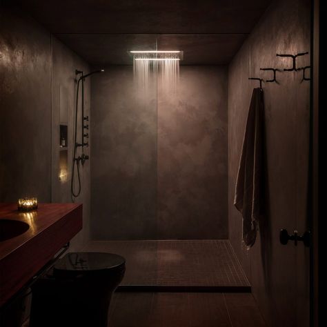 Dark Relaxing Bathroom, Dark Limewash Bathroom, Dark Natural Bathroom, Cave Like Bathroom, Dark Spa Bathroom, Dark Restroom, Dark Showers, Spa Moodboard, Dark And Moody Bathrooms