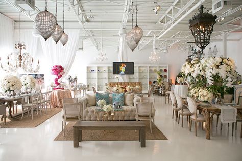 Wedding Showroom Design, Small Boutique Event Space, Wedding Planning Office Design, Event Showroom Ideas, Event Planning Showroom, Event Rental Business Storage, Wedding Rental Showroom, Event Rental Showroom Design, Event Showroom