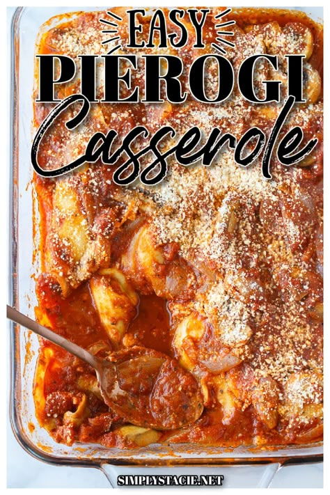 Perogies With Spaghetti Sauce, Oven Baked Perogies, Pizza Perogies, Pierogies Casserole, Perogi Casserole, Perogie Casserole, Pierogi Recipes, Frozen Pierogies, Pierogi Casserole