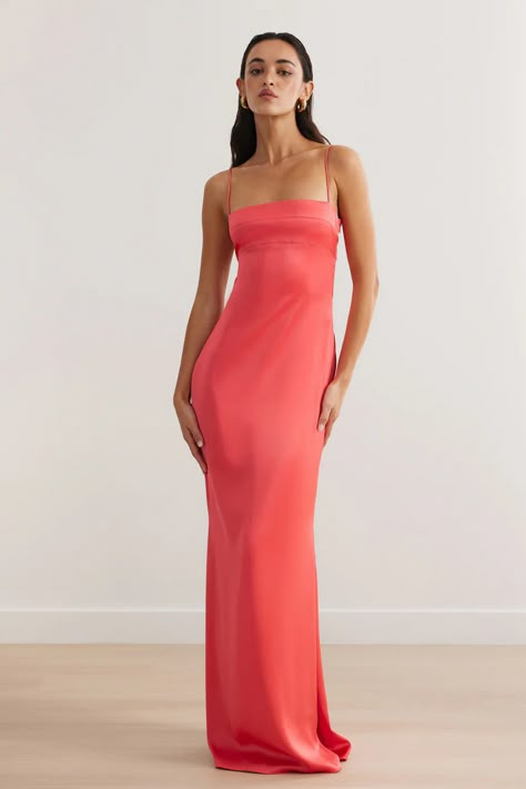 Lexi - Avani Gown - Coral < ONS Boutique Coral Formal Dresses, Year 10 Formal, Coral Prom Dress, Australian Clothing, Coral Bridesmaid Dresses, Flamingo Dress, Formal Ideas, Straight Across Neckline, Dress Hire