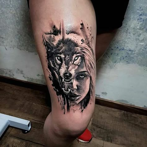 Wolf Tattoo Design Men Thigh, Fierce Wolf Tattoo For Women, Wolf Cover Up Tattoos For Women, Witch And Wolf Tattoo, Black Wolf Tattoo For Women, Wolf With Woman Tattoo, Protective Wolf Tattoo, His And Her Wolf Tattoos Couple Tat, Viking Women Tattoo Ideas