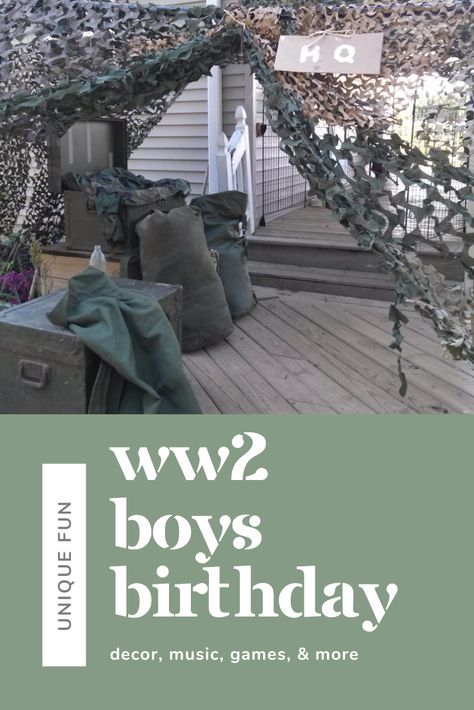 Wwii Birthday Party Ideas, Army Trunk Or Treat Ideas, History Themed Birthday Party, History Birthday Party, Ww2 Themed Party, History Themed Party, Wwii Decor, Military Themed Party, Army Theme Party