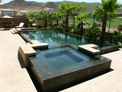 Featured on HGTV.com, this spa with infinity pool provides the perfect place to relax. Pool Infinity, Spa Tile, Gray Tile, Black Pool, Pool Stuff, Mountain Backdrop, Black Tile, Swimming Pools Inground, Infinity Edge Pool