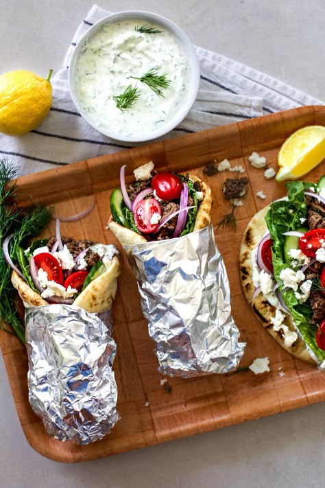 Easy Ground Beef Gyros Ground Beef Gyros Recipe, Greek Food Gyros, Beef Gyros, Gyro Meat Recipe, Pita Pocket Recipes, Foreign Recipes, Beef Gyro, Get Stuffed, Lamb Gyros