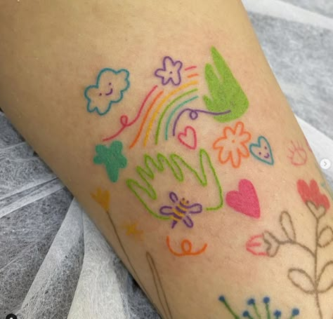 Fun Colorful Tattoos, Coloured Ink Tattoo, Fun Girly Tattoos, Colorful Doodle Tattoo, Color Outline Tattoo, Colour Line Tattoo, Carrot Tattoo Tiny, Colorful Flash Tattoo, Colorful Girly Tattoos