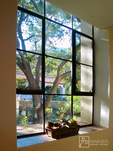 Spanish Tile window sill, by Maraya Interior Design, for spanish villa in Ojai, CA. Malibu tile, thick stucco walls, metal windows. #spanishtilesill, #spanishtile, #tiledwindowsill, #windowsill, Tile Window Sill, Tiled Window Sill, Malibu Tile, Wooden Window Design, Interior Window Trim, Barrel Vault Ceiling, Cottage Images, Spanish Colonial Homes, Spanish Revival Home