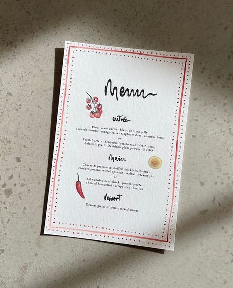 Perth Wedding Stationery & Signage on Instagram: "Custom watercolour illustrations paired with a hand drawn border and spot lettering, printed on white card. The illustrations add a personal touch to your stationery and can be used for all your stationery items starting from save the dates, invites, menus and signage 👩‍🎨🎨🍅🍋🌶️⁠" Homemade Menu Card, Watercolor Art Wedding Invitation, Watercolour Menu Design, Wedding Menu Italian, Wedding Stationary Illustration, Watercolour Invitations Wedding, Custom Menu For Dinner Party, Vintage Italian Dinner Party, Hand Drawn Menu Wedding