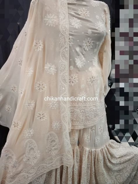 Chikankari Gharara, Pearl Work, Desi Style, Zari Work, Georgette Fabric, Bridal Outfits, Hand Embroidered, Bead Work, Desi