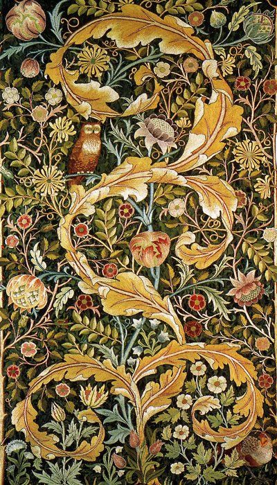 Owl, John Henry Dearle, Morris and Co. Photograph real leaves, flowers, feathers against contrasting background. Lighting  effect v important to create depth William Morris Wallpaper, Morris Wallpapers, William Morris Art, William Morris Designs, Flowers Illustration, Design Movements, Pre Raphaelite, Folk Fashion, British Art