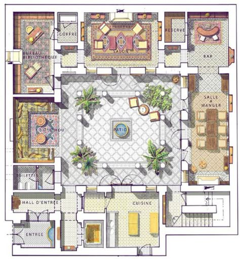 Riad Floor Plan, Moroccan Houses, Interior Courtyard, Moroccan Riad, Courtyard House Plans, Moroccan Homes, Casas Coloniales, Sims Houses, Sims House Plans