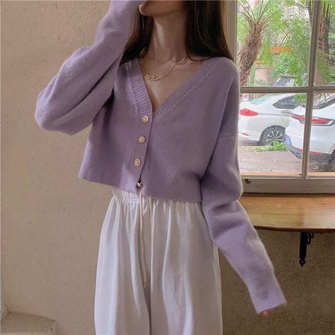 Purple Cardigan Outfits, Dress And Cardigan Outfit, Cute Cardigan Outfits, Jacket Designs, Purple Cardigan, Purple Outfits, Cute Cardigans, Crochet Jacket, Cardigan Outfits