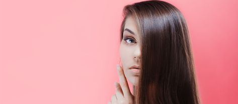 How To Train Your Hair, Brunette Portrait, People Can Change, Center Part, Portrait Wall, Beauty Portrait, Pink Wall, How To Train, Look In The Mirror