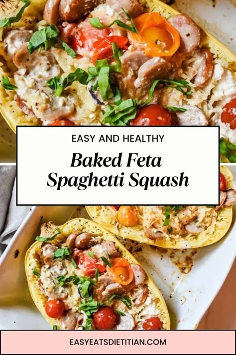 This easy baked feta spaghetti squash is a low-carb, more balanced take on the viral baked feta pasta. It containers the same incredible flavors with the addition of chicken sausage to provide some additional protein and spaghetti squash to provide additional color, fiber and nutrients to the dish! #easydinner #healthydinner #summerrecipes #fallrecipes #easydinnerrecipes #spaghettisquash #viralrecipe #bakedfeta Fall Spaghetti Squash Recipes, Big Mac Spaghetti Squash, Sheet Pan Spaghetti Squash, Spaghetti Squash In Oven, Spaghetti Squash With Feta, Spagetti Squash Recipes Summer, Spaghetti Squash Rings Recipes, Chicken And Spaghetti Squash Recipes, Spaghetti Squash With Sausage