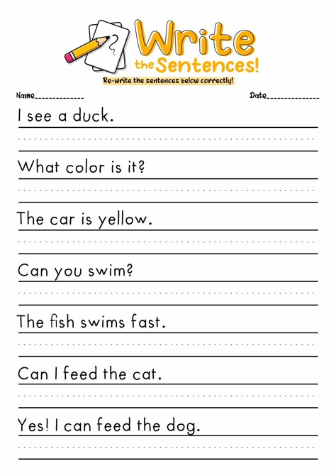 Writing Worksheet For Grade 1, Writing Sheets For 1st Grade, Preschool Writing Sentences, Writing Activity Kindergarten, Writing For Kids Activities, Writing For Preschool, Sentence Practice Kindergarten, Writing Worksheets For Kids, Writing Worksheets For Kindergarten