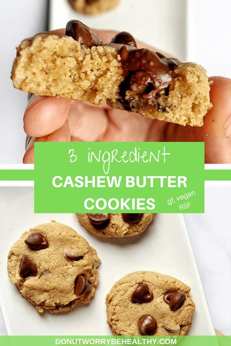 These cashew butter cookies are flourless, made with only three ingredients, are refined sugar free, and taste just like eating your favorite cashew butter straight out of the jar - only better! | donutworrybehealthy1@gmail.com #cashewbuttercookies #cashewbutter #flourlesscookies #healthycookies Cashew Butter Cookies, Gluten Free Chocolate Desserts, Healthy Chocolate Cookies, Healthy Chocolate Desserts, Dairy Free Recipes Easy, Quick Easy Healthy Meals, Flourless Cookies, Refined Sugar Free Recipes, Dairy Free Snacks