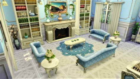 Sims 4 Mansion Living Room, Sims 4 Rich House Interior, Sims 4 Mansion Interior, Inside Mansions, Lavender Interior, Mansion Living Room, Victorian Rooms, Fancy Living Rooms, Royal Bedroom