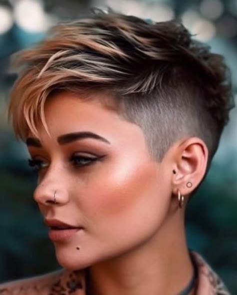 Short Female Haircut Shaved Sides, Edgy Blonde Pixie Haircut, Asymetrical Haircut Short Edgy, Blonde Pixie With Dark Roots, Short Hair With Shaved Sides For Women, Short Hair Styles For Women Pixie, Hair Color Ideas Short Hair Pixie Cuts, Short Hair With Shaved Side, Two Tone Short Hair