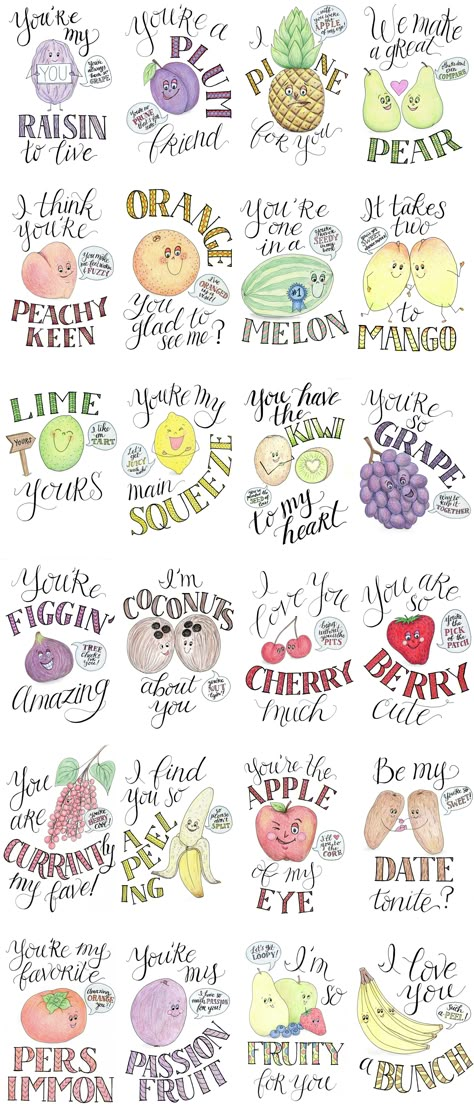 All of the fruit puns from the series (24 total). Fruit Puns Love, Quotes For Fruits, Fruit Sayings Cute, Fruit Puns Funny, Summer Puns Funny, Food Pun Cards, Strawberry Jokes, Fruit Quotes Inspirational, Cute Puns Friends