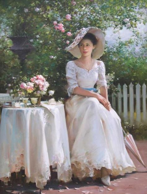 Specializing in figurative painting, he has become one of the most sought after artists in the country for his romantic paintings of women. Romantic Paintings, Painted Ladies, Chique Outfits, Montage Photo, Tea Party Garden, Victorian Art, Moda Vintage, Southern Belle, Woman Painting