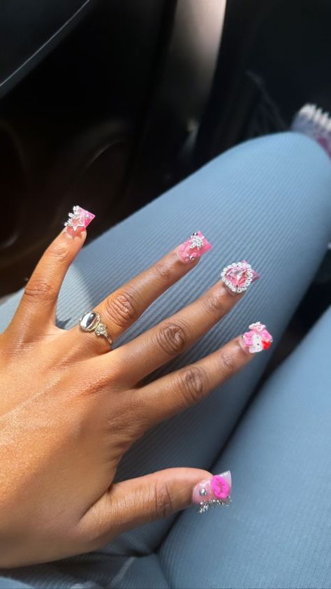 Short Nails With 3d Charms, Short Duck Junk Nails, Pink Junk Nails, Short Junk Nails, Junk Nails, Duck Nails, Hard Nails, Girly Acrylic Nails, Short Square Acrylic Nails