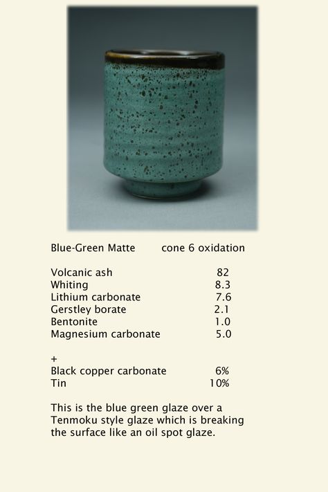 Blue-Green Matte (over Tenmoku), cone 6 oxidation. Per recipe creator, the colorants have been fussed with & these measurements may not be accurate, so test this glaze! Pottery Glaze, Amaco Glazes, Ceramic Glazes, Ceramic Glaze Recipes, Glazing Techniques, Ceramic Glaze, Ceramic Techniques, Glaze Ceramics, Glaze Recipe