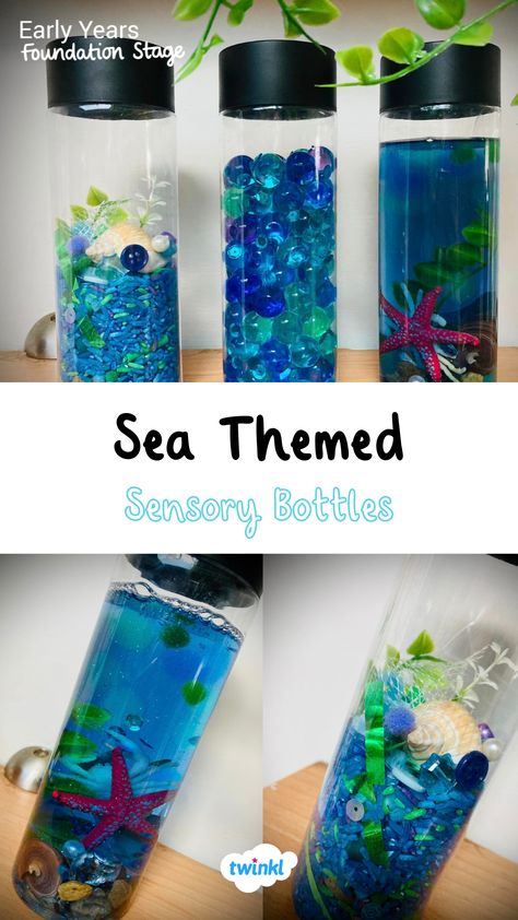 Sensory bottles are great for sensory activities with babies and toddlers! Thanks to Aimee Wheeler. Click for more ocean sensory bottle recipes. Swimming Activities For Preschool, Under The Sea Activities For Babies, Under The Sea Activities For Toddlers, Under The Sea Eyfs, Under The Sea Activities, Bottle Sensory, Ocean In A Bottle, Steam Night, Ocean Vbs