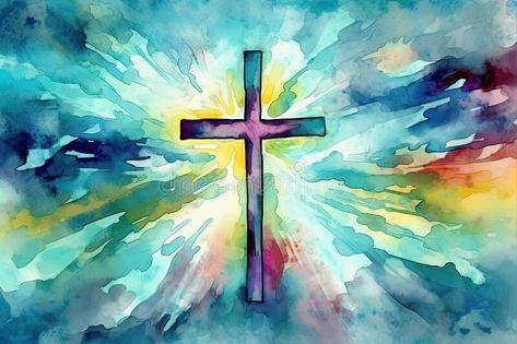 A vibrant watercolor painting of a cross soaring above the clouds in a graffiti-like style. Perfect for religious themes. royalty free stock images Religious Watercolor Paintings, Cross Watercolor Painting, Cross Watercolor, Paint Splatter Art, Rainbow Images, Watercolor Cross, Religious Pictures, Church Bulletin, Vibrant Watercolor