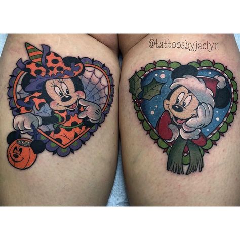 Disney tattoos - Halloween Minnie Mouse & Christmas Mickey Mouse 🦄Jackie Huertas 🌈 on Instagram: “Haloween Minnie and Christmas Mickey for the lovely Sarah! Thanks so much babe! #disney #disneytattoo #disneytattoos #disneytatts…” Disney Christmas Tattoo, Spooky Disney Tattoo, Halloween Disney Tattoos, Disney Halloween Tattoos, Traditional Disney Tattoo, Pixar Tattoos, Mickey And Minnie Tattoos, Halloween Minnie Mouse, Cinnabon Recipe