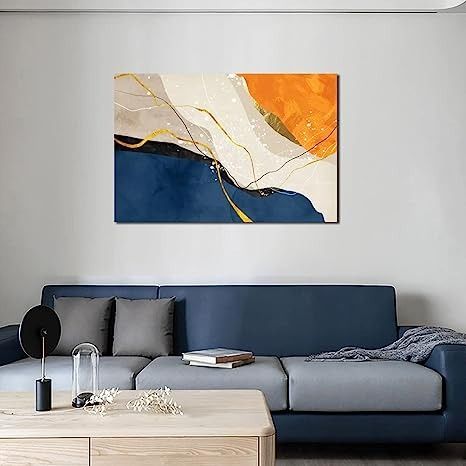 Blue minimalist abstract theme canvas wall art decor: 24"*36" inch(60*90cm), suitable size makes it a great decor addition to your home.
High Definition modern orange abstract painting, nave blue picture photo printing on high-quality canvas. This abstract wall art is already stretched on solid wooden frames, and gallery wrapped hook is already mounted on the stretcher bar, ready to hang. Edges are painted, and each panel is wrapped in a plastic bag. Navy Blue Orange And Gold Living Room, Blue Orange Gold Living Room, Orange And Blue Living Room Decor Ideas, Blue And Orange Painting Ideas, Blue And Orange Art, Fireplace Artwork, Navy And Burnt Orange Wall Art, Grey And Orange Living Room, Orange And Blue Wall Art