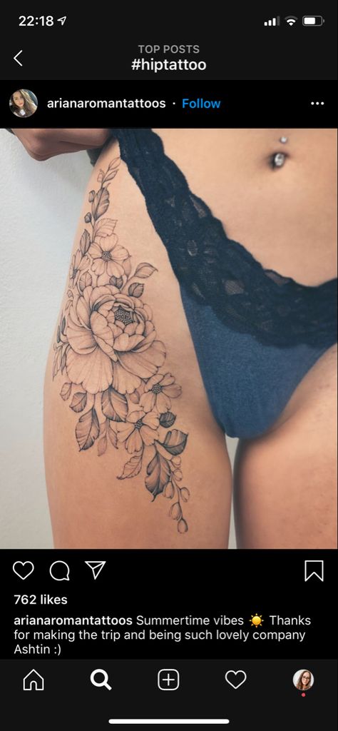 Floral Hip Tattoo, Sunflower Tattoo Thigh, Flower Hip Tattoos, Side Hip Tattoos, Upper Thigh Tattoos, Side Thigh Tattoos, Flower Thigh Tattoos, Hip Thigh Tattoos, Hip Tattoos Women