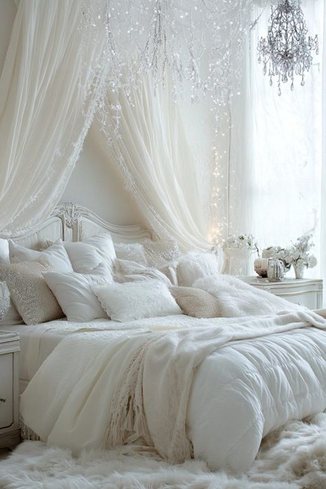 29 White Fantasy Bedroom Ideas for a Tranquil and Enchanting Sanctuary 8 Winter Room Decor, Fantasy Bedroom Ideas, Frosted Mirror, Fresh Snowfall, Fairy Bedroom, Fantasy Bedroom, Winter Bedroom, Cozy Fall Bedroom, Fantasy Decor