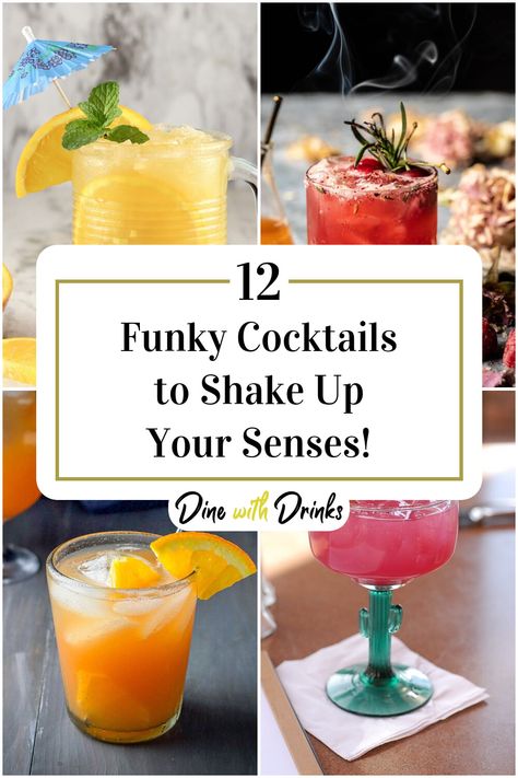 Collage of 4 funky cocktails. Crazy Cocktail Recipes, Fun Whiskey Cocktails, Funky Cocktails, Fun Cocktails With Tequila, Trending Cocktails 2024, Bartender Game, Quirky Cocktails, Funny Cocktails, Unique Cocktail Recipes