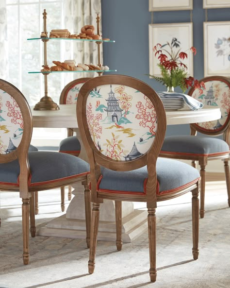 Fabric For Dinning Room Chairs, Chair Fabric Ideas Reupholster, Chinoiserie Decorating Living Room, Fabric For Chairs Upholstery, Chinoiserie Fabric Upholstery, Fabric For Dining Room Chairs, Mix Wood Tones, Dining Chair Size, Chinoiserie Dining Room