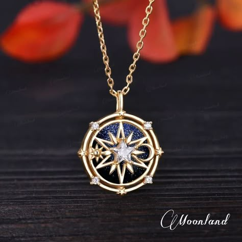 Vintage Blue Sandstone Pendant Yellow Gold Compass Necklace Celestial Jewelry Sun Moon Moissanite North Star Dainty Opal Moonstone Necklace - Etsy Gold Compass Necklace, Magic Necklace, Galaxy Jewelry, Opal Moonstone, Pretty Jewelry Necklaces, Blue Sandstone, Compass Necklace, Magical Jewelry, Celestial Jewelry