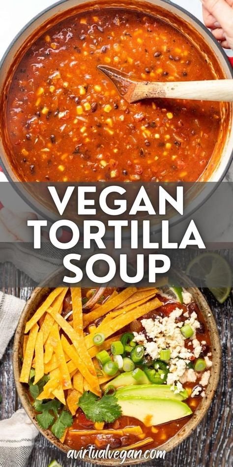 Vegan Tortilla Soup with rich, bold, smoky tomato, lime, garlicky flavour and piles of crispy, crunchy baked tortilla strips. Vegan Stews, Vegan Stew Recipes, Vegan Tortilla Soup, Vegan Tortilla, Vegan Feta Cheese, Tortilla Strips, Fall Vegan Recipes, Quick Easy Vegan, Vegan Stew