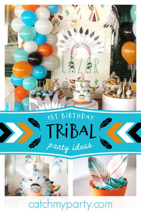 Feast your eyes on this fantastic tribal themed 1st birthday party! Love  the birthday cake!! See more party ideas and share yours at CatchMyParty.com #catchmyparty #partyideas  #tribalparty #boy1stbirthdayparty #bohotribalparty Native American Birthday Party, Indian Birthday Parties, 1st Birthday Boy Themes, Baby Boy Birthday Themes, Birthday Party Plates, Themed 1st Birthday, Teepee Party, Boys First Birthday Party Ideas, Birthday Party Treats