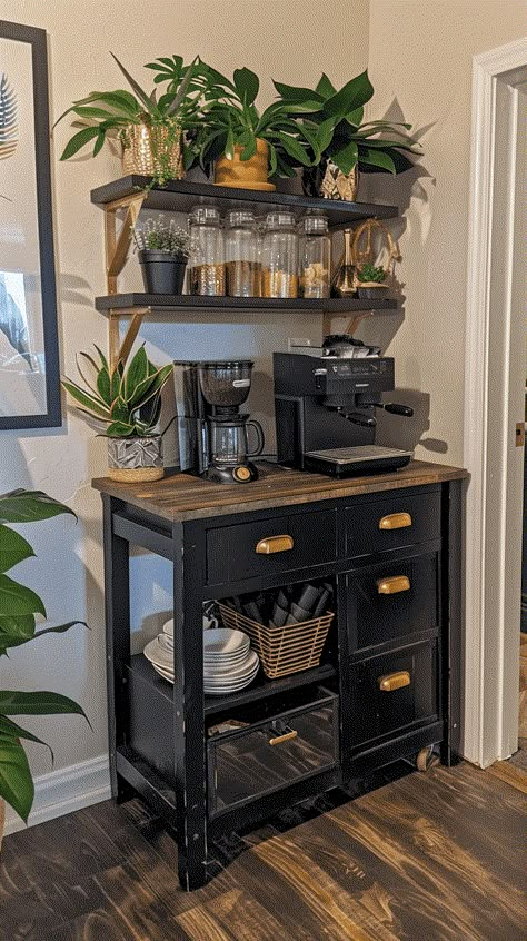 35+ Coffee Bar Ideas For Your Home Coffee Breakfast Bar Tea Station, Coffee And Juice Bar Ideas At Home, Coffee Bar Living Room Ideas, Coffee House Ideas Interior Design, Cute Decor For Apartments, Black And Wood Coffee Bar, Home Coffee Corner Ideas, Home Cafe Ideas Small Spaces, Cube Shelf Coffee Bar