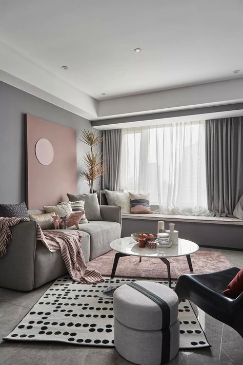 Pink House Interior, Dusty Pink Bedroom, L Shaped Living Room, Pink Living Room Decor, Minimalist Bedroom Ideas, Modern Bedroom Ideas, Cute Living Room, Living Room Decor Gray, Pink Living Room