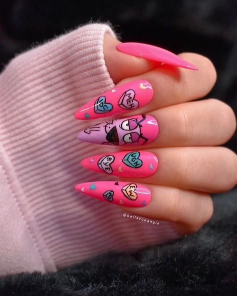 Cute Nail Ideas, Disney Acrylic Nails, Valentine Nail Art, Cute Nail, Acrylic Nails Coffin Pink, Fabulous Nails, Pretty Acrylic Nails, Dope Nails, Valentine's Day Nails