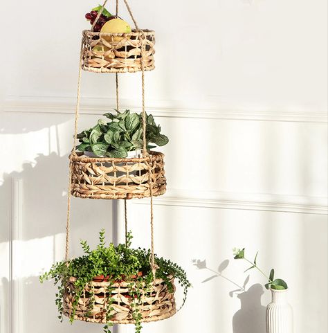 Handmade Natural Rattan Handwoven Wicker Seagrass 3 tier Woven Wall Boho Baskets Hanging Baskets Kitchen, Fruits Plants, Basket Wall Hanging, Hanging Fruit Baskets, Wall Hanging Basket, Ceiling Hooks, Corner Window, Hanging Flower Baskets, Support Plante