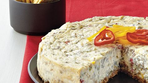 Sausage and Pepper Cheesecake; Pillsbury.  Savory cheesecakes are always a great party appetizer. Fried Cheesecake, Savory Cheesecake, Homemade Mixes, Sausage And Peppers, Cake Plates Stand, Bacon Recipes, Coconut Cake, Cheesecake Recipe, Appetizer Dips