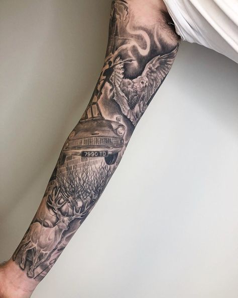 Harry Potter Sleeve Tattoo, Harry Potter Sleeve, Thestral Tattoo, Harry Potter Tattoo Sleeve, Hogwarts Tattoo, Harry Tattoos, Science Tattoos, Hp Tattoo, Harry Potter Art Drawings