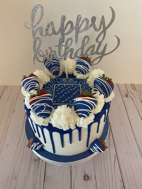 This Royal blue drip cake was created with the “Chelsweets” white chocolate ganache recipe and chocolate covered strawberries. Blue And White Drip Cake For Men, Blue Themed Cake For Men, Royal Blue And Silver Cake For Men, Strawberry Birthday Cake For Man, Blue And White Drip Cake, Blue Birthday Cakes Men, Navy Blue And Silver Birthday Cake, Blue Strawberry Cake, Blue Cake With Chocolate Drip