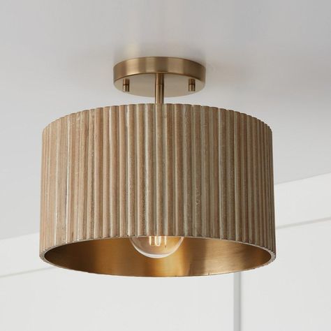 Our Chavis pendant offers a high level of customizability; it comes with the ability to hang from the ceiling as a semi-flush mount or from a chain at an adjustable height to suit any space. Its wooden shade displays a corrugated surface to add a pleasing texture. White Wash Stain, Wooden Shades, Brass Interior, Entryway Lighting, Foyer Lighting, Capital Lighting, Semi Flush Lighting, Semi Flush Ceiling Lights, Hallway Lighting