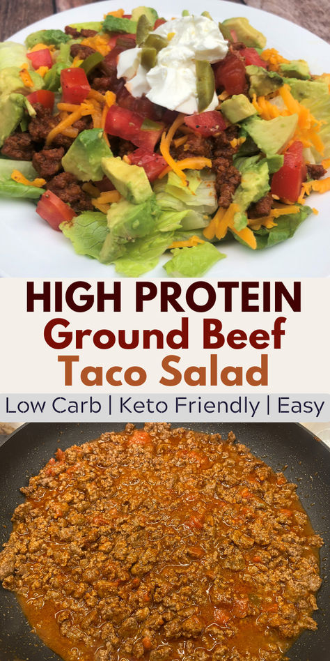 image of finished ground beef taco salad and Tex-Mex ground beef in a pan Easy Healthy Taco Salad, Salad With Ground Beef, Healthy Taco Salad Recipe, Healthy Taco Salad, Taco Salad Recipe Healthy, Easy Taco Salad Recipe, Pasti Fit, Resep Vegan, Recipe With Ground Beef